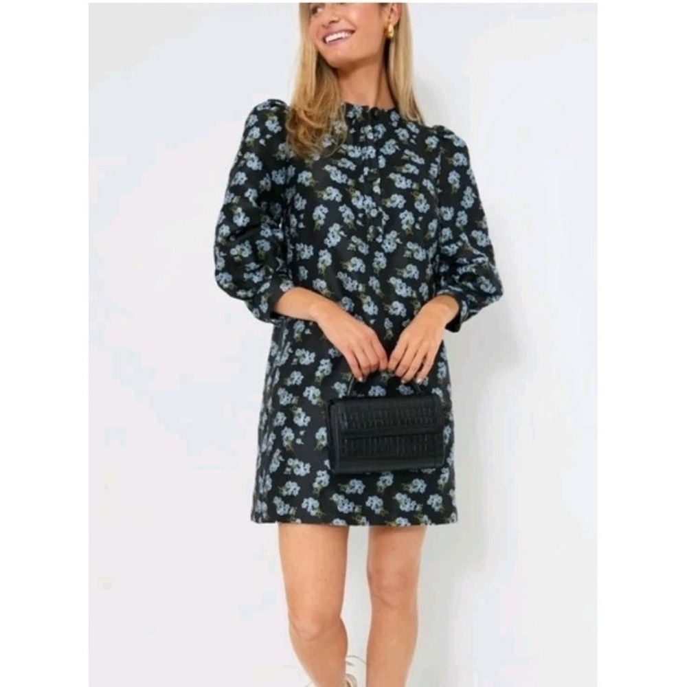 NWOT Pomander Place Samantha Mini Dress Women's Large Black Blue Jacquard Floral